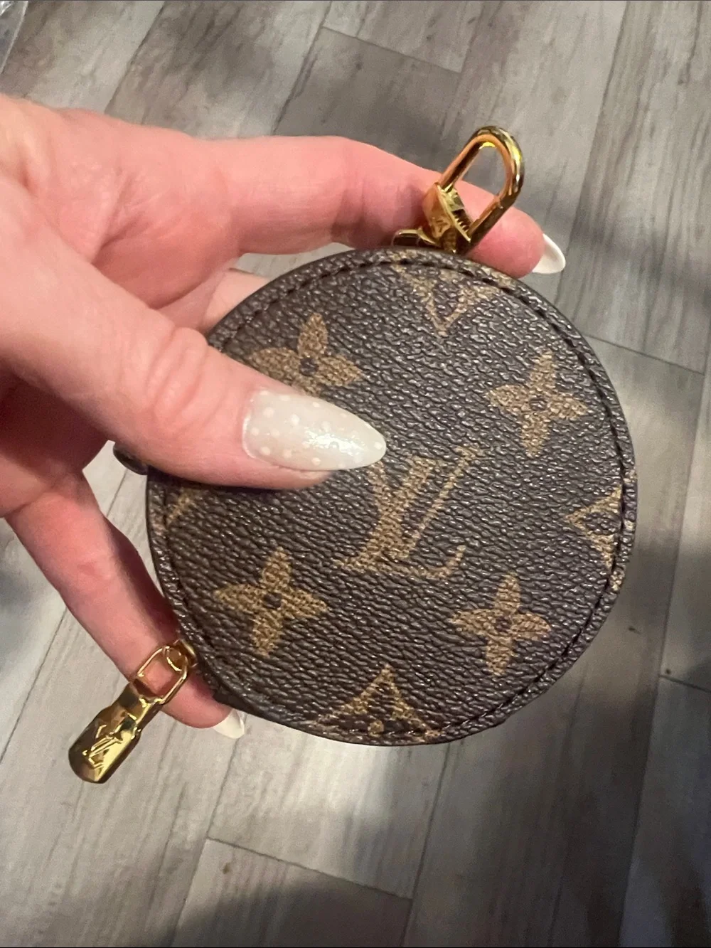 Monogram Round Coin Pouch Bag Charm — Brown with Gold Hardware